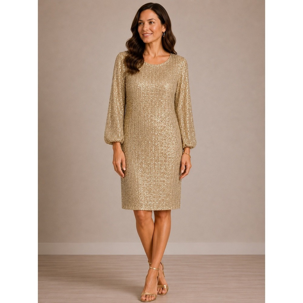 Z‎ Supply Andromeda Sequin Dress Womens M Champagne Gold Long Sleeve Mini Shift